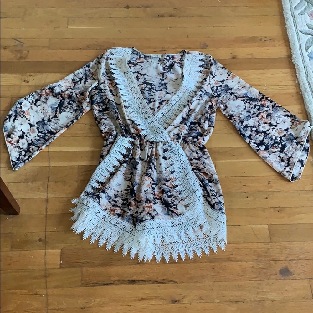 Lace Embellished Floral Romper - Size Large